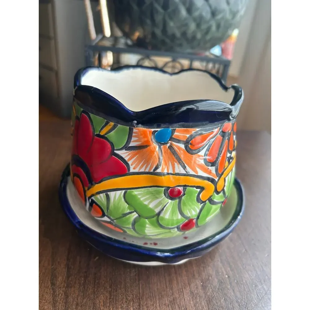 Talavera Pot Planter with Saucer Small Hand Painted Indoor Outdoor floral 5.5”